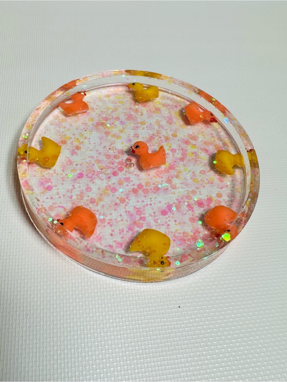 Hand Crafted Pink Glitter Resin Trinket Dish with Orange and Yellow Duck Accents